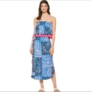Lily Pulitzer Meridian Strapless Midi Dress, pink tassels and Ruffle,  XS (A-4)